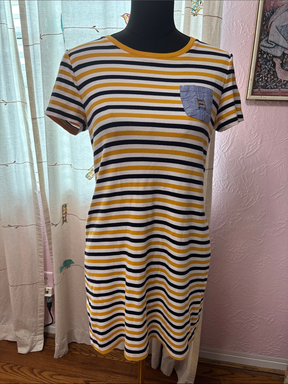 Tommy Hilfiger Striped Short-Sleeve Mini Dress in Mustard, Navy & White